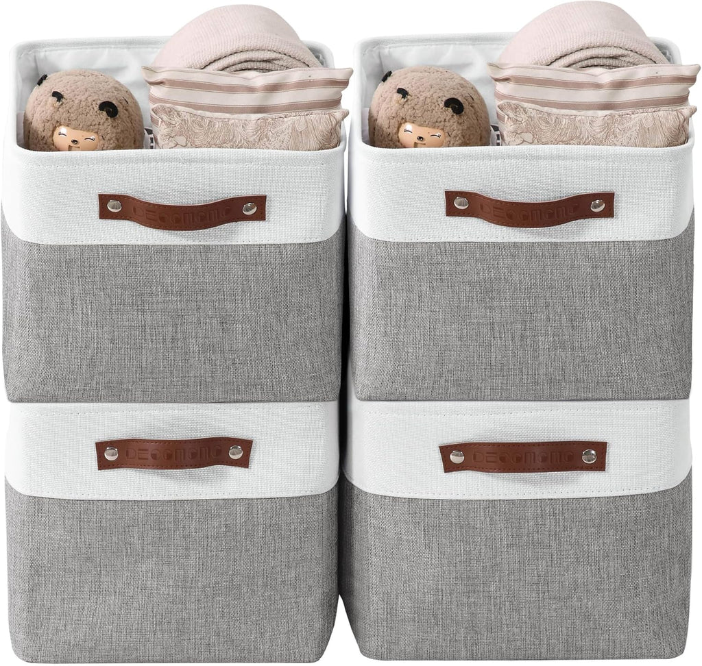 Storage Bins, Large Fabric Storage Baskets for Shelves, Decorative Linen Closet Organizer, 15 X 11 X 9.5 Inches (Grey & White, 4 Pack)