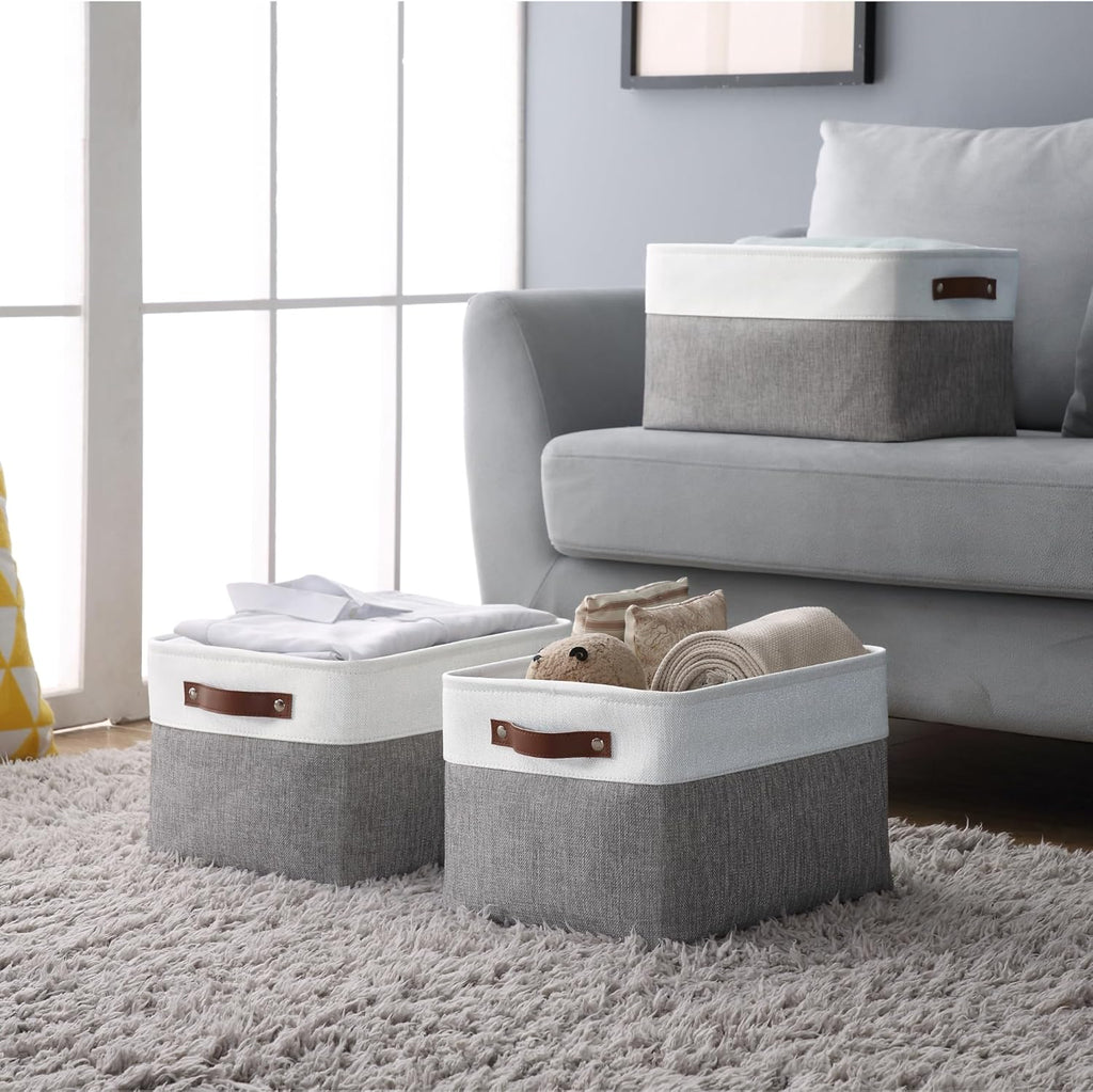 Storage Bins, Large Fabric Storage Baskets for Shelves, Decorative Linen Closet Organizer, 15 X 11 X 9.5 Inches (Grey & White, 4 Pack)